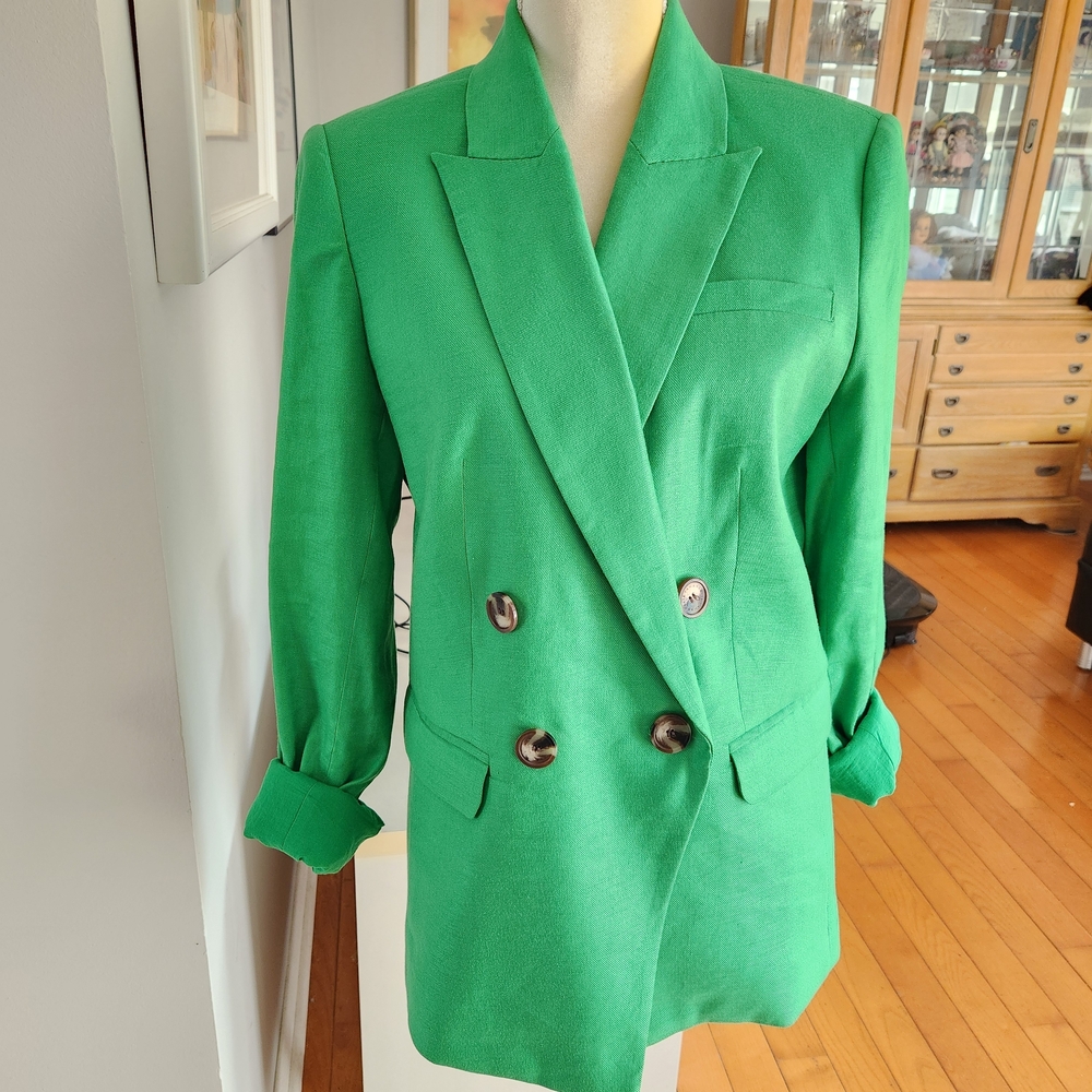 Elie Tahari Kelly Green Double-Breasted  Blazer Linen Blend Size 10 ST. PATTYS